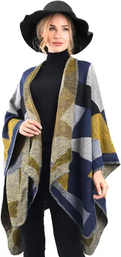 Miniatura 6 de OOPOR Chal cálido de invierno para mujer, capa de lana de punto para otoño, ponchos a cuadros, suéter, bufanda de forro polar