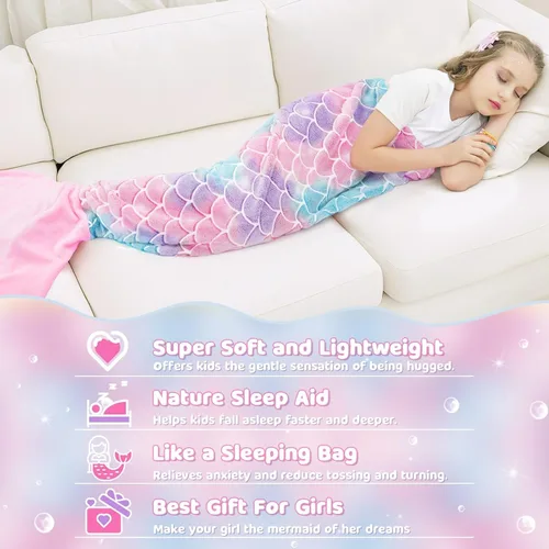 Miniatura 7 de WERNNSAI Manta de Cola de Sirena para Niños - Manta Ponible de Sirena que Brilla en la Oscuridad para Niñas de Invierno Franela Suave con Escamas