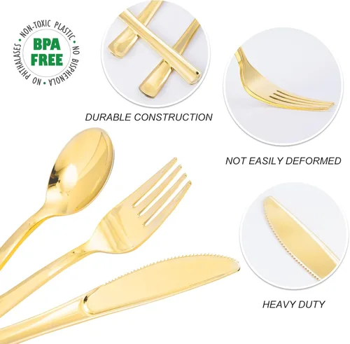 Miniatura 5 de N9R 300 cubiertos de plástico dorado, juego de cubiertos de plástico dorado resistente, vajilla desechable, 100 tenedores, 100 cucharas, 100