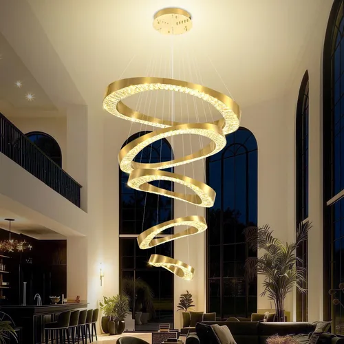Flashing God Lámpara de Araña Grande para Techo Alto, Lámpara de Araña de Cristal Moderna de 5 Anillos para Entrada, Accesorios de Iluminación