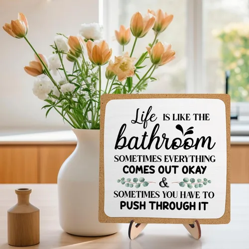 Miniatura 5 de Placa decorativa de baño, divertida placa de escritorio de madera con la vida es como el baño, letrero rústico para estante de casa de campo