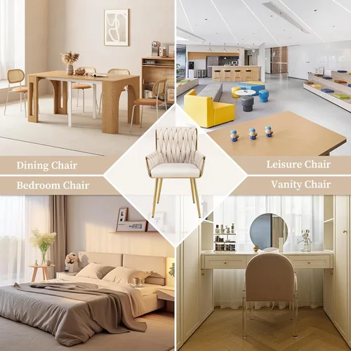 Miniatura 9 de ABET Silla de escritorio de oficina sin ruedas, silla de tocador de terciopelo tejido con respaldo y reposabrazos, cómoda y tapizada con patas