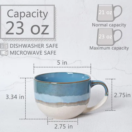 Miniatura 2 de Bosmarlin Juego de 2 tazas de café jumbo de cerámica, 23 onzas, tazones de sopa grandes con asas, aptos para lavavajillas y microondas (azul)