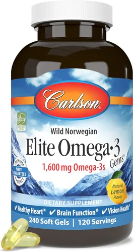 Carlson Elite Omega-3 Gems, 1600 mg de Omega-3 con EPA y DHA, sabor a limón, 240 cápsulas blandas - Aceite de pescado noruego capturado en la