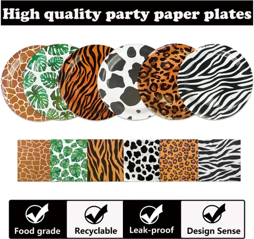 Miniatura 3 de 120 platos y servilletas de safari para fiestas, decoraciones desechables para fiestas de selva, platos de papel con estampado de animales de safari