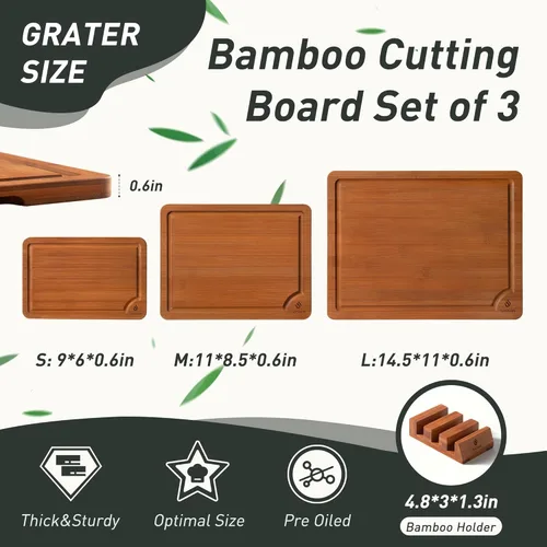 Miniatura 2 de Juego de 3 Tablas de Cortar de Bambú con Soporte de Pies Antideslizantes y Sobre el Fregadero, Bonita Tabla de Cortar de Madera Sólida Gruesa
