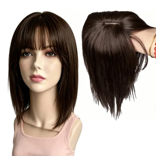 Miniatura 18 de Peluca de cabello humano para mujer con flequillo, peluca con clip para cabello fino + base de cuero cabelludo de poliuretano de alta densidad