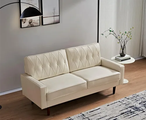 Miniatura 6 de Container Furniture Direct Sofá biplaza de piel sintética de estilo moderno con elegantes patas redondas cónicas y respaldo copetudo con botones