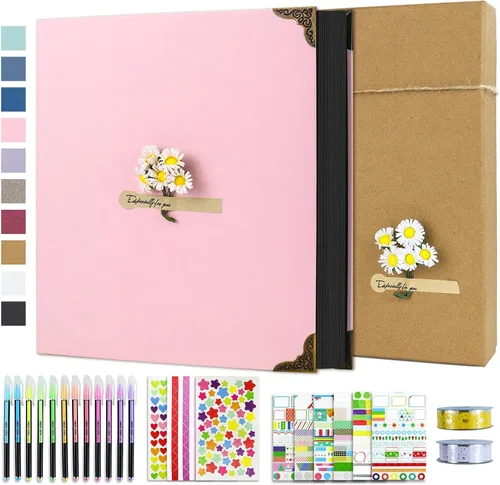 Miniatura 10 de Vienrose Kit de álbum de fotos de bricolaje con bolígrafos, cintas y calcomanías, 60 páginas, tapa dura de 8.5 x 11 pulgadas, 3 anillos, papel negro
