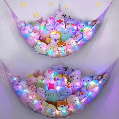 Miniatura 14 de Unicorn Castle Red de animales de peluche o hamaca organizador de almacenamiento de juguetes para niños con luz LED colgante en esquina soporte