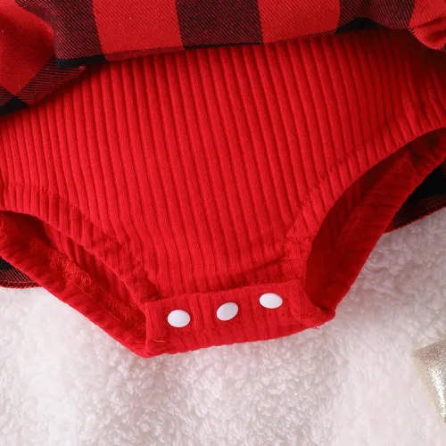 Miniatura 7 de Ehfomius Conjunto de mameluco de Navidad para bebé niña, con volantes, de manga larga, a cuadros, con diadema