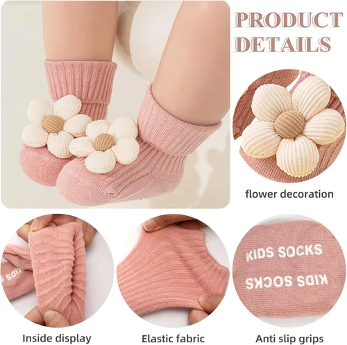 Miniatura 5 de 4 pares de calcetines antideslizantes para niños pequeños con agarres, calcetines de flores para bebé, niños y niñas, calcetines antideslizantes