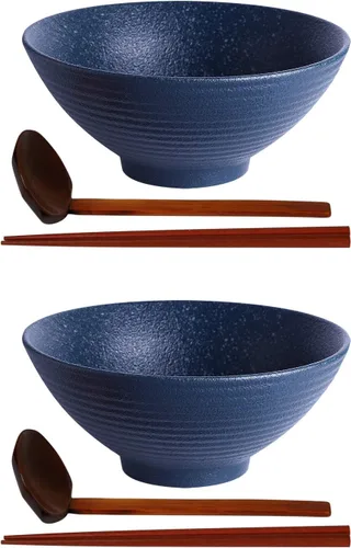 Miniatura 11 de Kanwone Juego de cuencos de cerámica japoneses para ramen, cuencos de sopa de fideos, 37 onzas, con cucharas y palillos a juego para fideos Negro