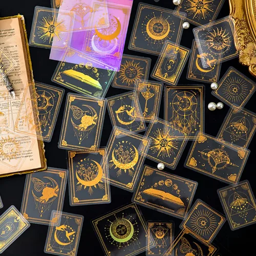 YASMEN Paquete de 45 calcomanías para niños, paquete de calcomanías de astrología doradas transparentes, calcomanías de resina, kits de manualidades