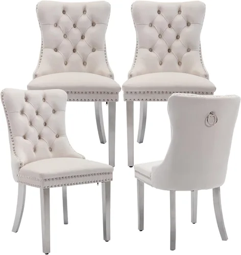 Miniatura 64 de LKTART Juego de 2 sillas de comedor de terciopelo, sillas de comedor copetudas con ribete de anillo de clavo, silla de comedor tapizada con patas