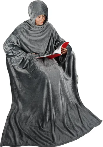Tirrinia Manta de Forro Polar Vestible con Capucha y Mangas para Adultos Mujeres y Hombres, Súper Suave Cómoda de Felpa Funcional Manta de TV Throw