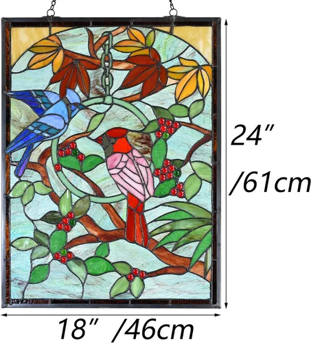 Miniatura 6 de BIeye W10052 Blue Jay and Cardinal on Branches Tiffany Style - Panel de vitral con cadena, forma rectangular, 18 pulgadas de ancho x 24 pulgadas
