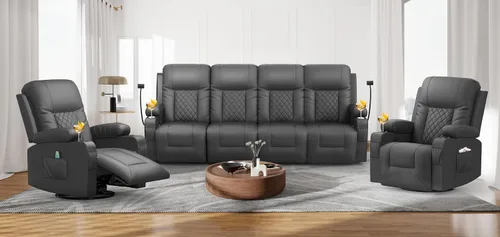 Miniatura 9 de FURNIMAT Sofá reclinable, sofá reclinable doble de 3 asientos, sofá biplaza de piel sintética, moderna silla reclinable para sala de estar, con Negro