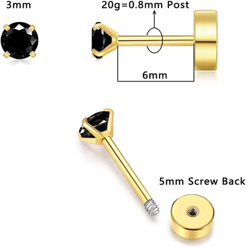 Miniatura 3 de Aretes de tuerca de circonita cúbica pequeña de 0.118 pulgadas, aretes de tuerca de oro de 14 quilates con circonita cúbica para cartílago, hélix