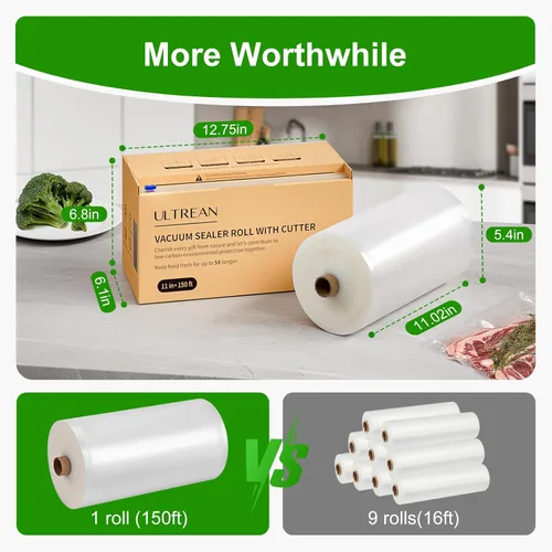 Miniatura 3 de Ultrean - Rollo de bolsas selladoras al vacío de 11" x 45,7 m con cortador, bolsas selladoras al vacío de grado comercial para ahorro de alimentos