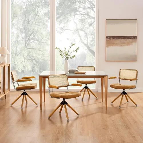 Miniatura 9 de Zouron Silla de escritorio de ratán sin ruedas, sillón tapizado de piel sintética, silla de oficina giratoria con respaldo de caña natural y patas