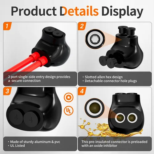 Miniatura 3 de Joinfworld Conector de múltiples derivaciones aislado de 2 puertos, conectores de cable de aluminio a cobre, 4-14AWG de entrada de un solo lado