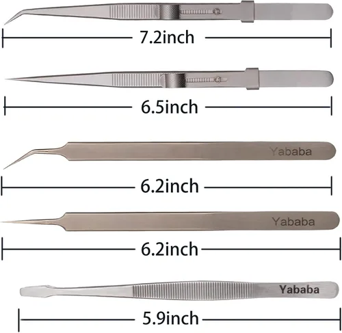 Miniatura 5 de Pinzas, juego de 5 pinzas de precisión, kit de pinzas largas de acero inoxidable antiestáticas para electrónica, trabajo de laboratorio, fabricación