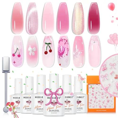 Miniatura 17 de modelones Juego de esmaltes de uñas de gel con purpurina, sin hema, 6 colores, Chameleon Aurora Shimmer Glitter Kit de esmalte de gel azul, verde