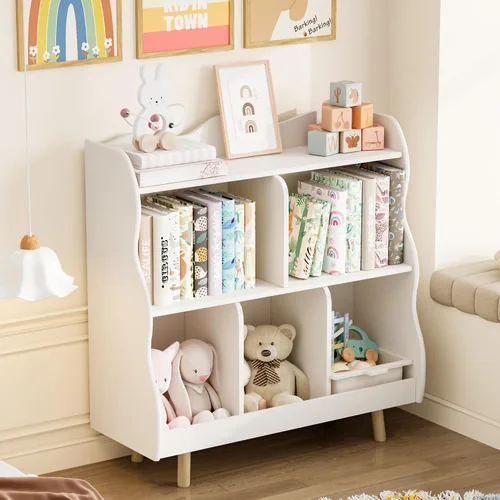 Miniatura 8 de Estantería para niños y organizador de juguetes Treocho, estantería de madera para niños de 3 niveles con diseño curvo, 5 compartimentos