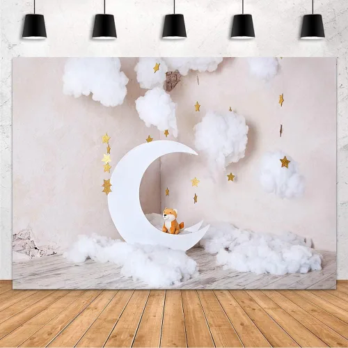 Miniatura 2 de MEHOFOND Telón de fondo de fotografía de luna dorada para niños, pared gris, nube blanca, perro, recién nacido, bebé, sesión de fotos, telón