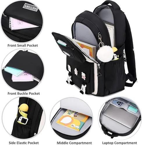 Miniatura 3 de AO ALI VICTORY Mochila para mujeres y niñas, conjunto con estuche para lápices de 15.6 pulgadas, mochila escolar para computadora portátil, mochila