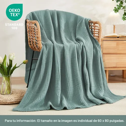 Miniatura 5 de EMME - Manta de muselina para sofá, gasa transpirable, para todas las estaciones, suave y ligera, prelavada (verde azulado, 60 x 80 pulgadas)