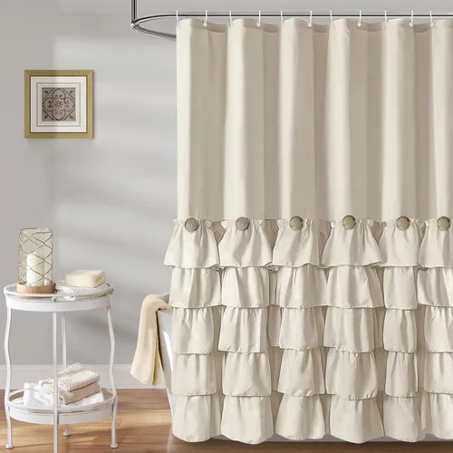 Miniatura 17 de Cortina de ducha Seasonwood de tela blanca con volantes, cortina de ducha estilo granja, cortinas de ducha de 72 x 84 pulgadas con botones y Blanco