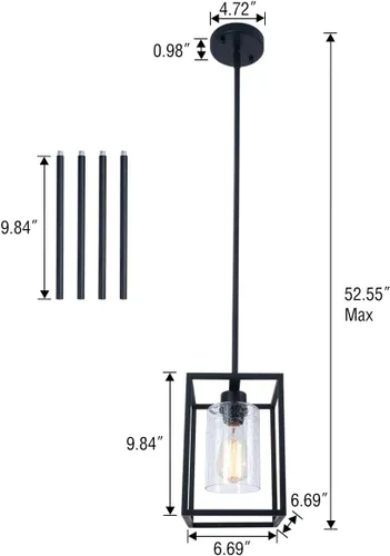 Miniatura 4 de VILUXY Luces Colgantes Negras Isla de Cocina Granja Vidrio Granulado 1-Luz Lámpara Colgante Comedor Accesorios Jaula de Metal Luces Colgantes