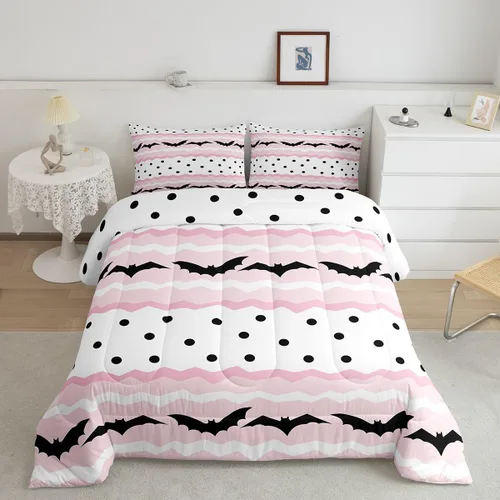 Lindo juego de edredón de murciélago tamaño Queen con diseño de animales de Feliz Halloween, 3 piezas para decoración de habitación de niños y