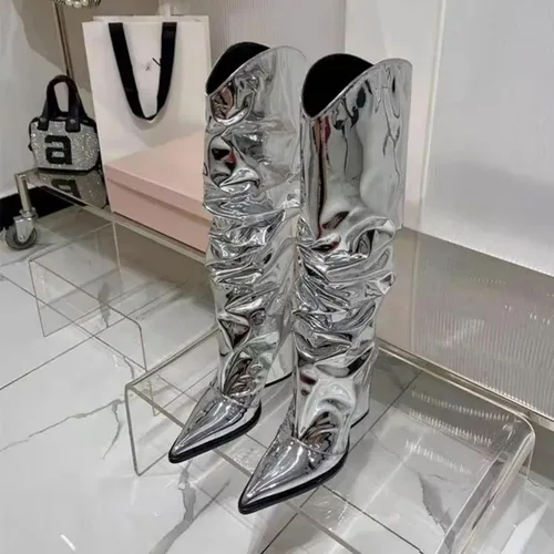 Vertundy Botas altas hasta la rodilla metálicas con punta puntiaguda para mujer, botas altas de tacón alto de charol plisadas, botas largas plisadas