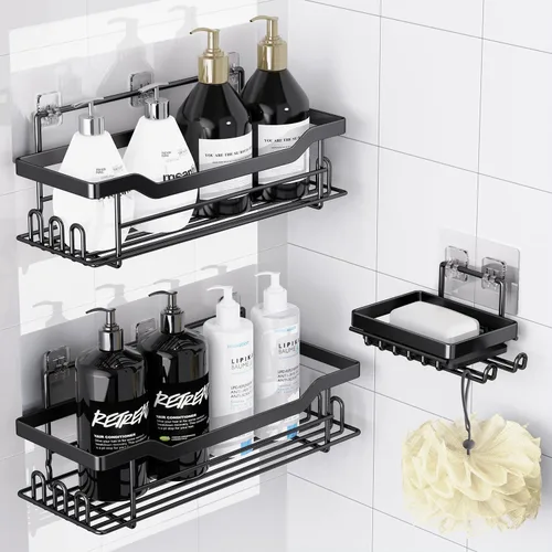 Organizador de estantes para ducha, paquete de 3 con soporte para jabón, estantes autoadhesivos para montar en la pared, sin perforaciones, color