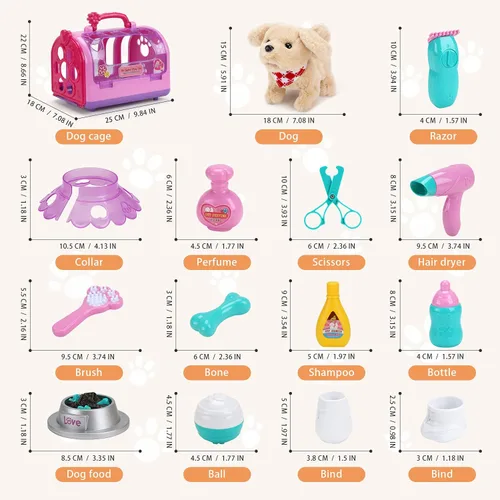 Miniatura 2 de Juego de cuidado de mascotas, juego eléctrico de veterinario, para caminar, ladrar, mover la cola, juguetes de aseo para perros con transportador