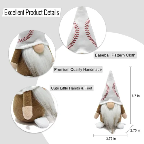 Miniatura 7 de Pequeños gnomos de béisbol, adornos de peluche, lindos gnomos suecos Tomte Nisse enano, muñeca de gnomo enano para fanáticos de los juegos Gnomo