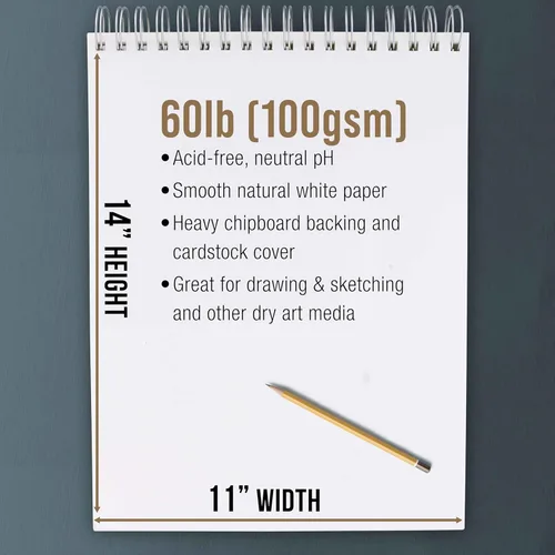 Miniatura 3 de U.S. Art Supply Cuaderno de bocetos encuadernado en espiral superior de 11 x 14 pulgadas, paquete de 2, 100 hojas cada una, 60 libras (100 gsm), sin