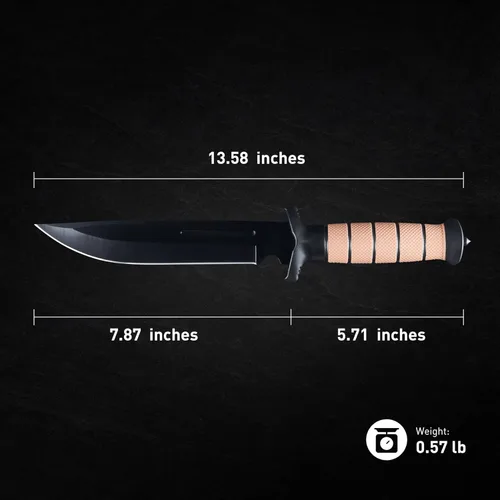 Miniatura 2 de Leopcito Cuchillo táctico de combate de hoja fija de 13.6 pulgadas con funda, acero inoxidable de supervivencia para caza bushcraft con mango Marrón