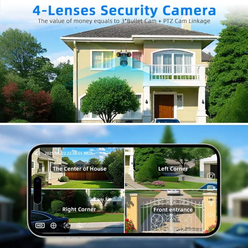 Miniatura 2 de Cámara de seguridad inalámbrica de 4 lentes al aire libre, imagen HD 2K PTZ 360° de vigilancia, visión nocturna a color, conexión WiFi, detección