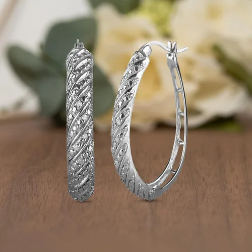 Miniatura 3 de Natalia Drake Aretes de aro grandes con diamantes ovalados en diagonal para mujer, en plata de ley 925 chapada en rodio, Metal precioso., Diamante