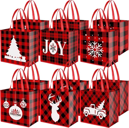 Aneco 12 bolsas grandes reutilizables de Navidad rojas y negras no tejidas con asas, bolsas de regalo para suministros de fiesta, 14 x 13.8 x 7.5
