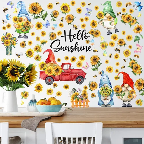 Miniatura 7 de Capoda 122 calcomanías de pared de primavera, 6 hojas, calcomanías de pared de gnomo de girasol, decoración de camión de gnomo, decoración