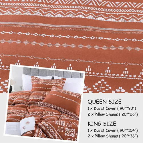 Miniatura 4 de Bedduvit Juego de funda de edredón bohemia tamaño Queen, 100% algodón, 3 piezas, suave y transpirable, color naranja quemado, funda de edredón
