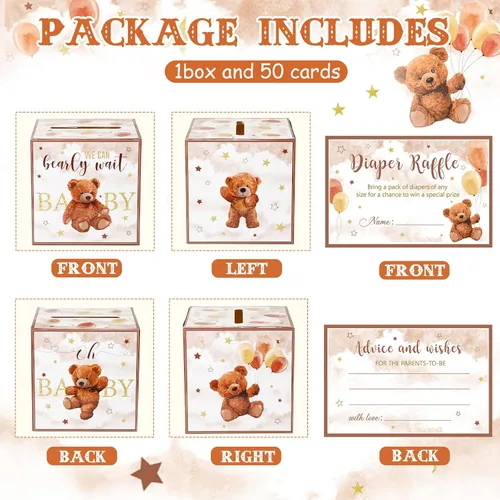 Miniatura 3 de Fumete 51 piezas Caja de tarjetas de rifa de pañales con osos con tarjetas de rifa de pañales insertadas, No podemos esperar, para baby shower