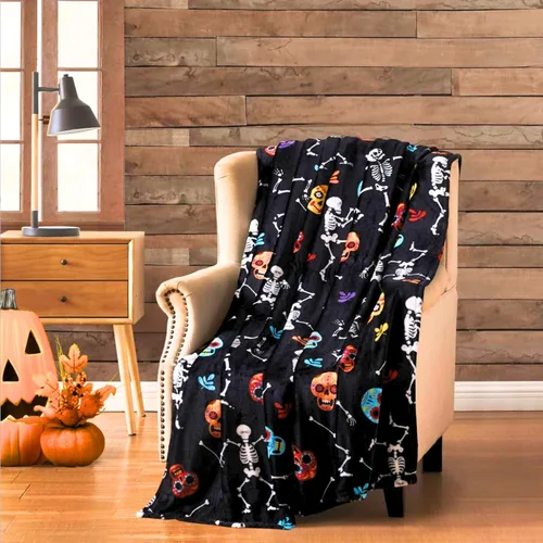 Miniatura 3 de Manta de vellón embrujada de Halloween: manta de forro polar de terciopelo suave con estampado de calaveras de azúcar y esqueleto bailarín