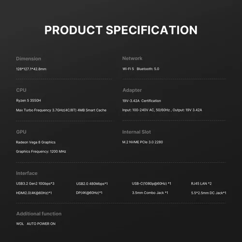 Miniatura 9 de Mini PC AS1 con Ryzen 5 3550H, 16 GB DDR4 512 GB SSD Mini escritorio, triple pantalla USB-C/HDMI/DP/Wi-Fi 5/BT5.0 Mini computadora