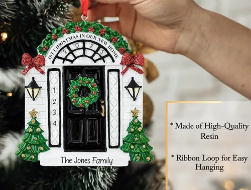 Miniatura 4 de Adorno de Navidad personalizado para el nuevo hogar 2026 Puerta negra con cinta de purpurina recuerdo único para el árbol de Navidad – Primer año
